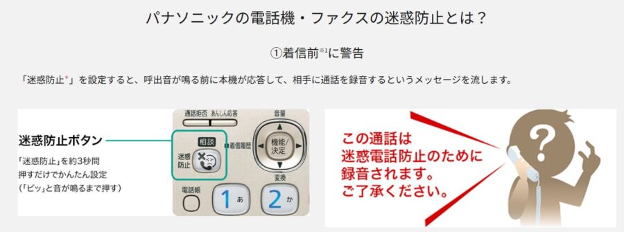 迷惑電話防止機能の説明。パナソニックの電話機に分かりやすいボタンが付いている。